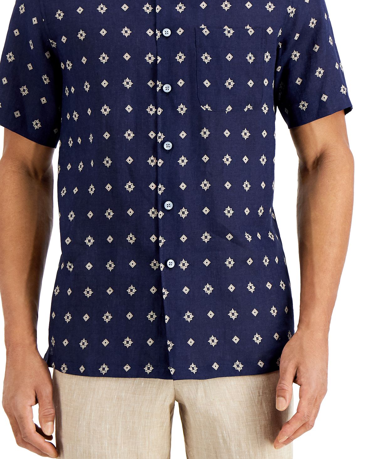 Tasso Elba Regular-fit Geo Tile-print Linen Shirt Navy Combo