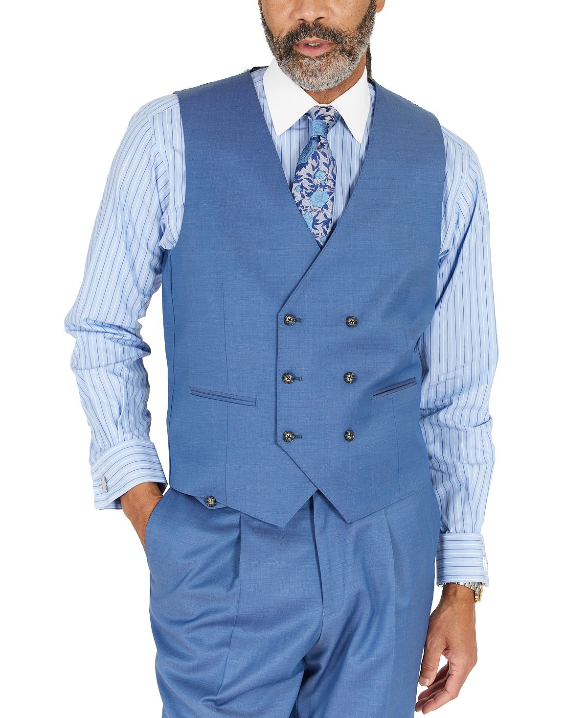 Tayion Collection Blue Solid Classic-fit Wool Suit Separate Vest Blue Solid