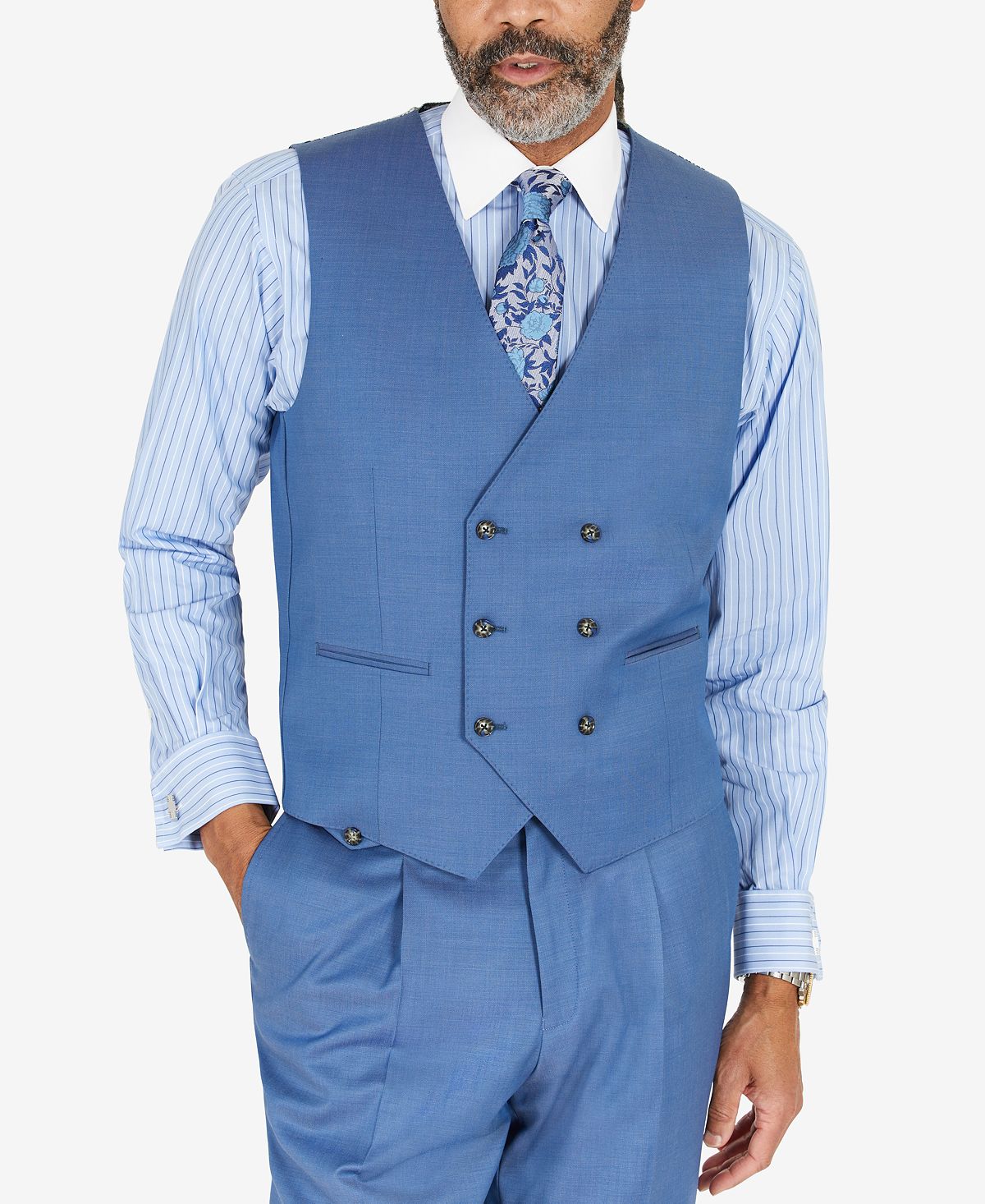 Tayion Collection Blue Solid Classic-fit Wool Suit Separate Vest Blue Solid