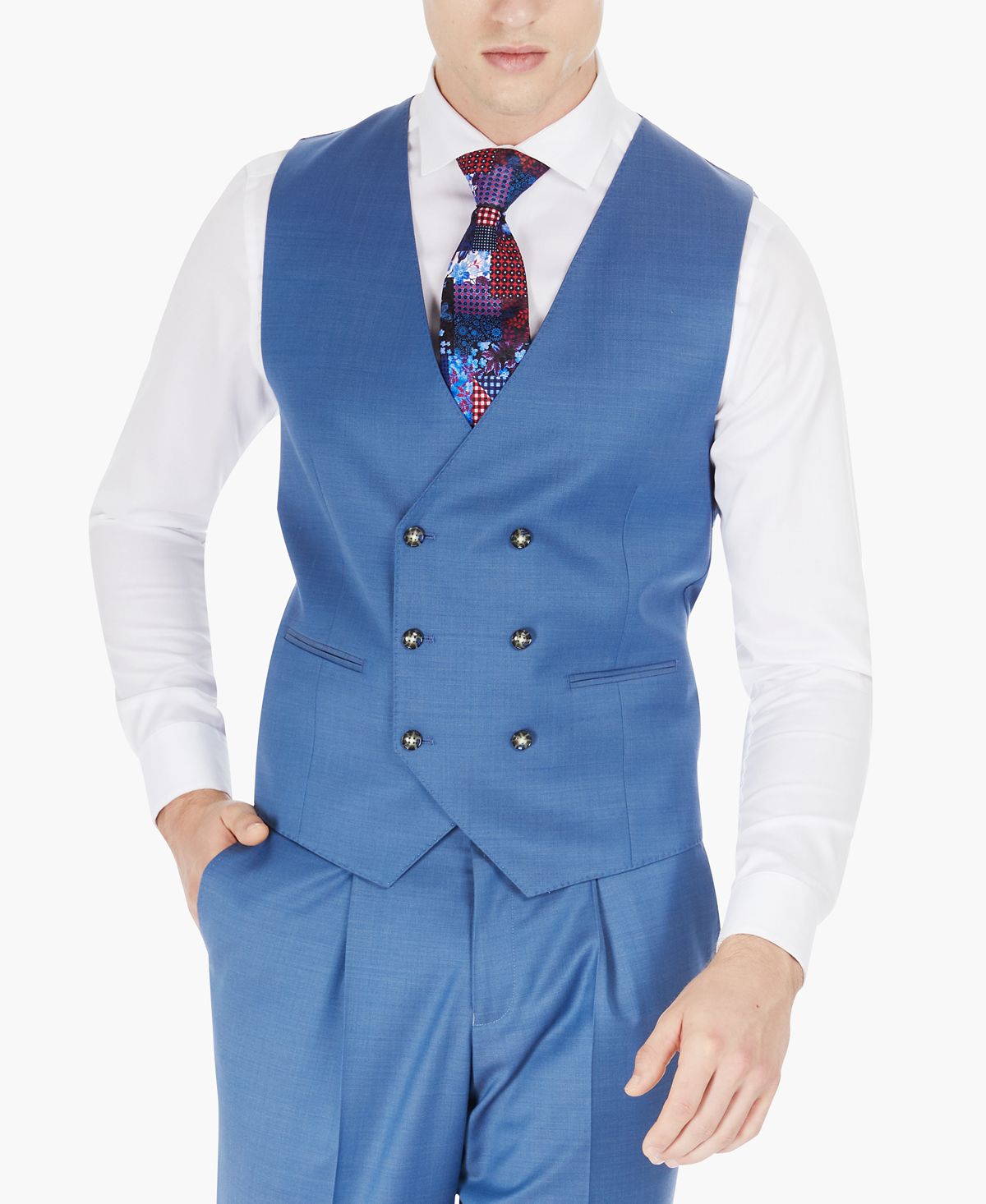 Tayion Collection Blue Solid Classic-fit Wool Suit Separate Vest Blue Solid