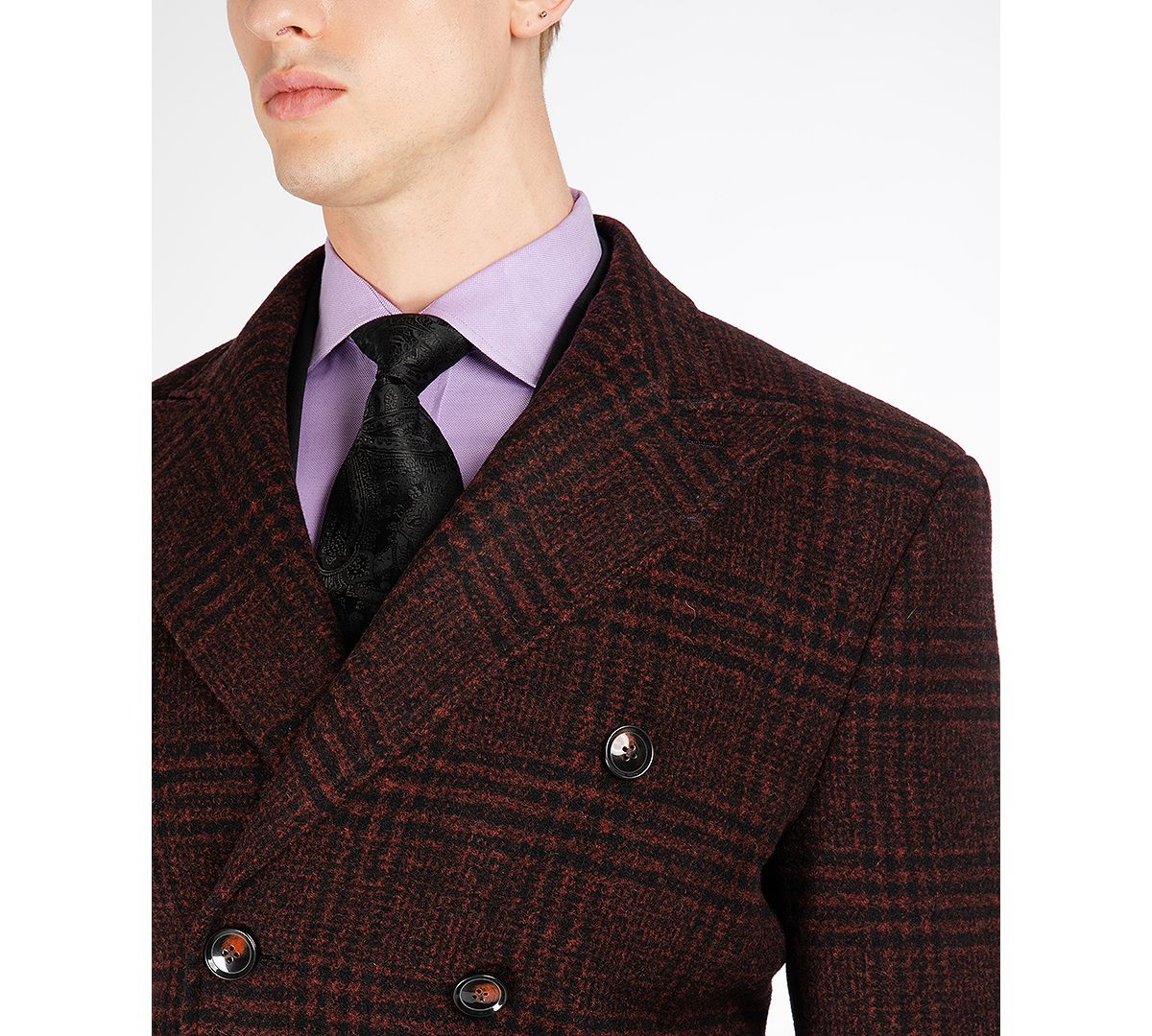 Tayion Collection Classic Double-breasted Glen Plaid Overcoat Red