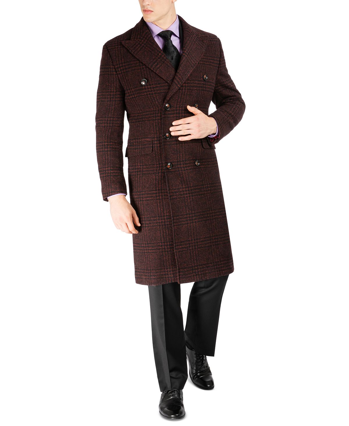 Tayion Collection Classic Double-breasted Glen Plaid Overcoat Red Navy