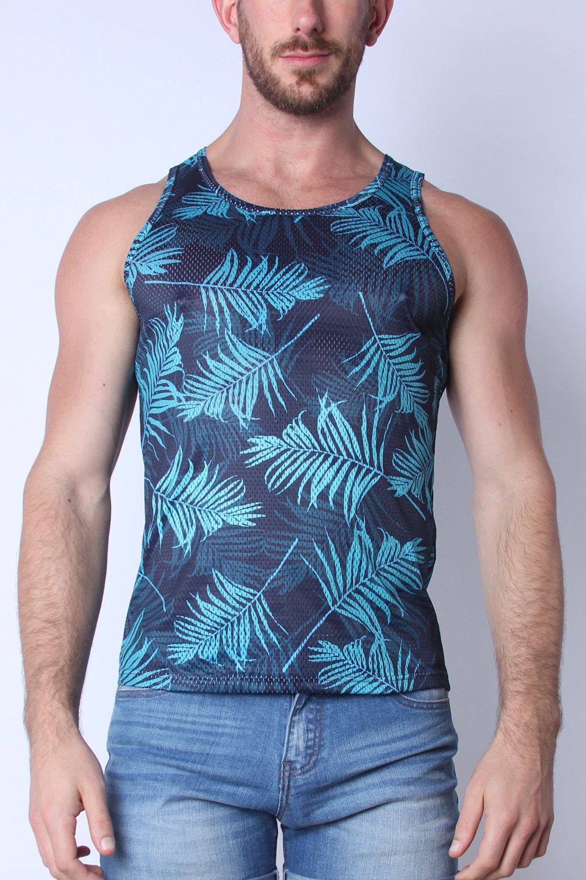 Timoteo Green Palm Print Riviera Mesh Tank Top