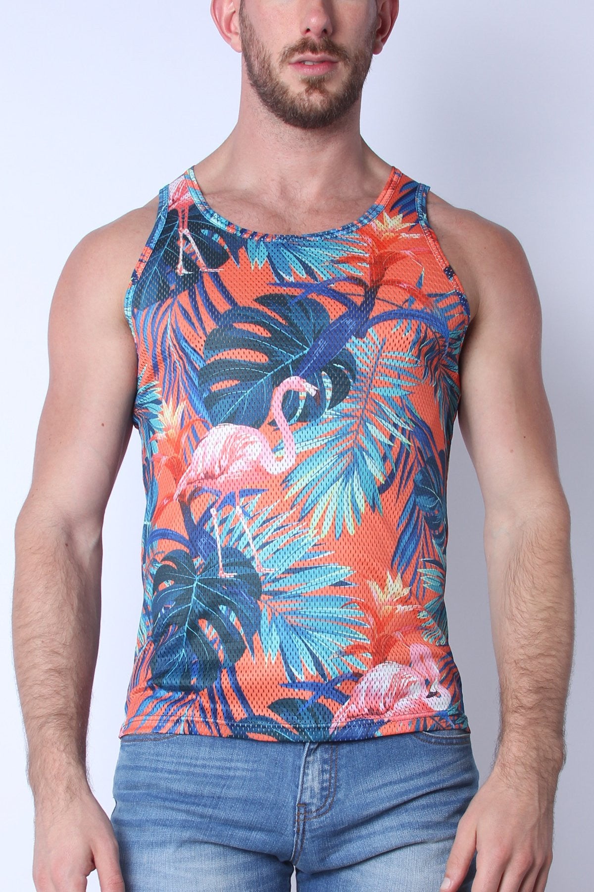 Timoteo Orange Flamingo Riviera Mesh Tank Top