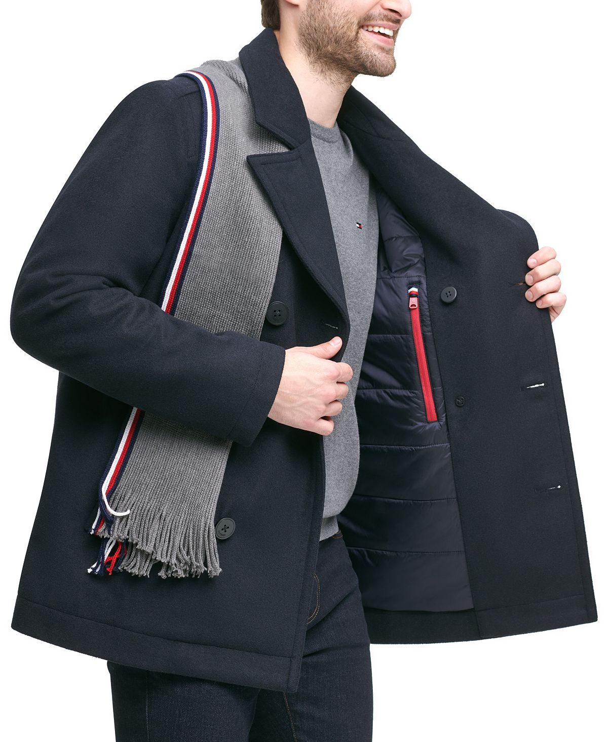 Tommy Hilfiger Classic Double-breasted Peacoat With Detachable Scarf Navy