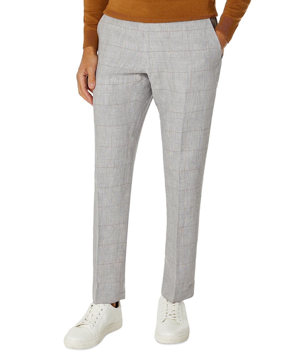 Tommy Hilfiger Modern Fit Flex Stretch Plaid Linen Suit Pants Grey/Tan