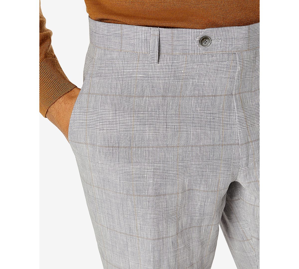 Tommy Hilfiger Modern Fit Flex Stretch Plaid Linen Suit Pants Grey/Tan