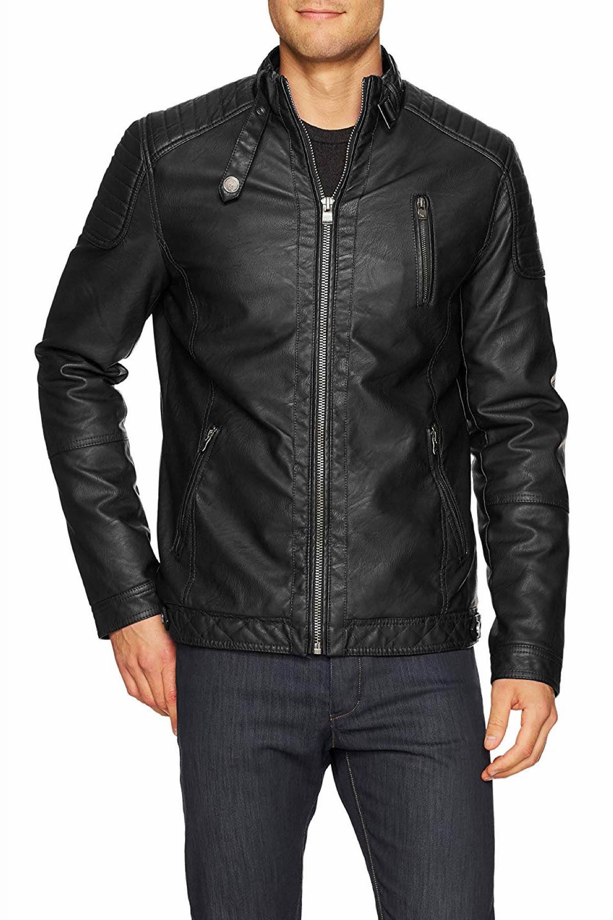 X-Ray Jeans Black Slim Fit Moto Faux-Leather Jacket with Quilting Detail